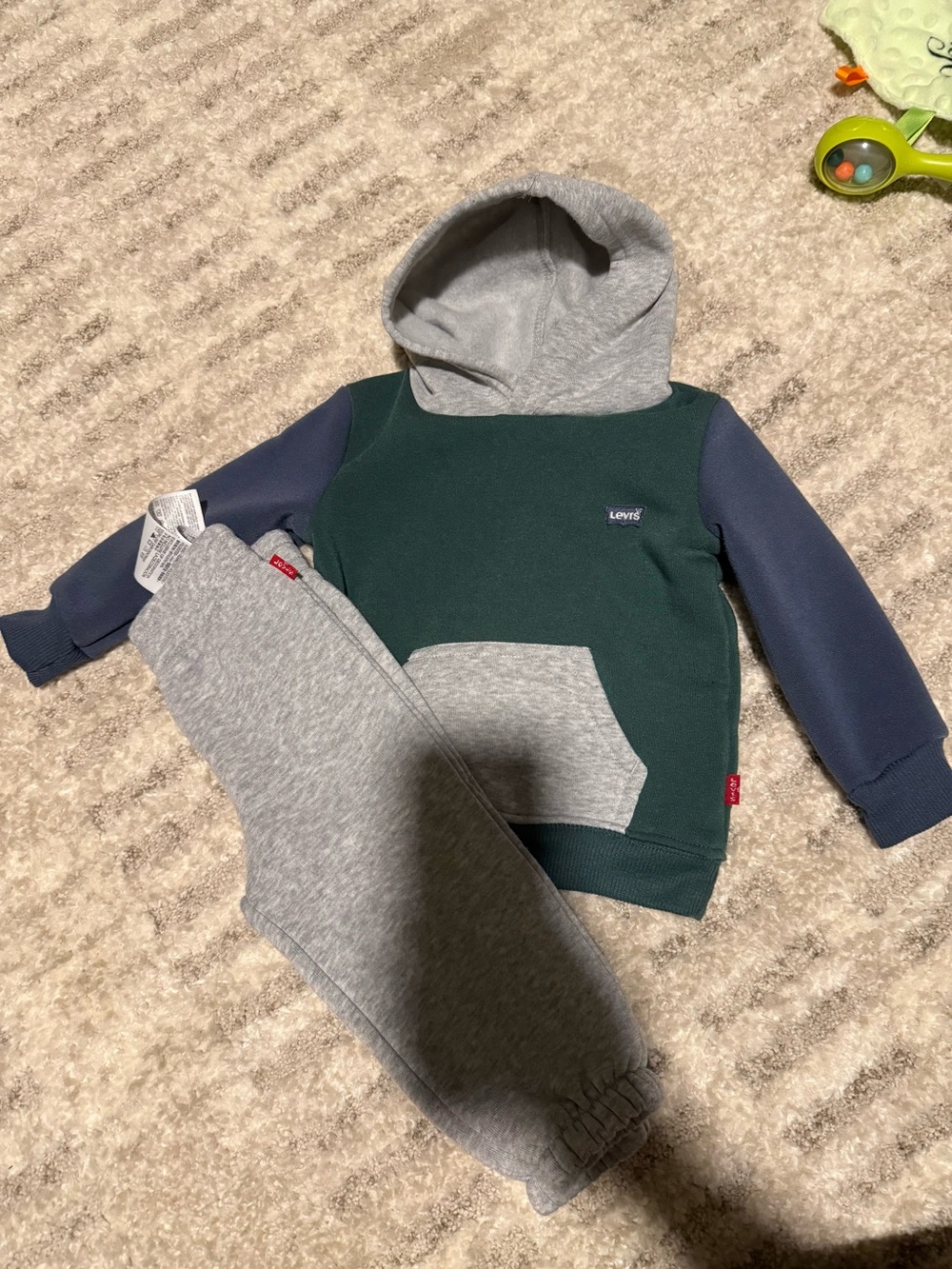 Levi's Green Hoodie with Navy Sleeves and Gray Joggers